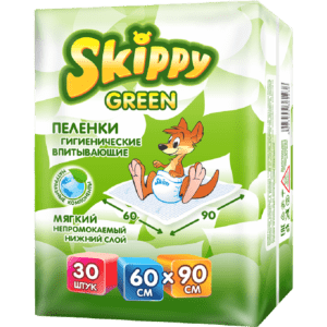 245 Skippy GREEN Пеленки впитывающие  60х90см 30шт, КНР Пелёнки Skippy